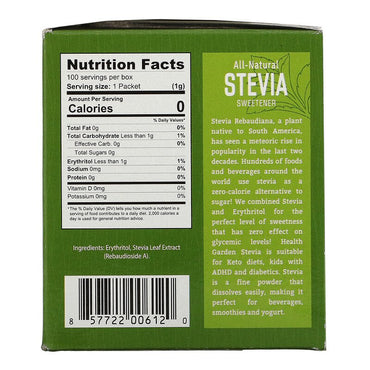 Health Garden, edulcorante de stevia totalmente natural, 100 paquetes, 1 g cada uno