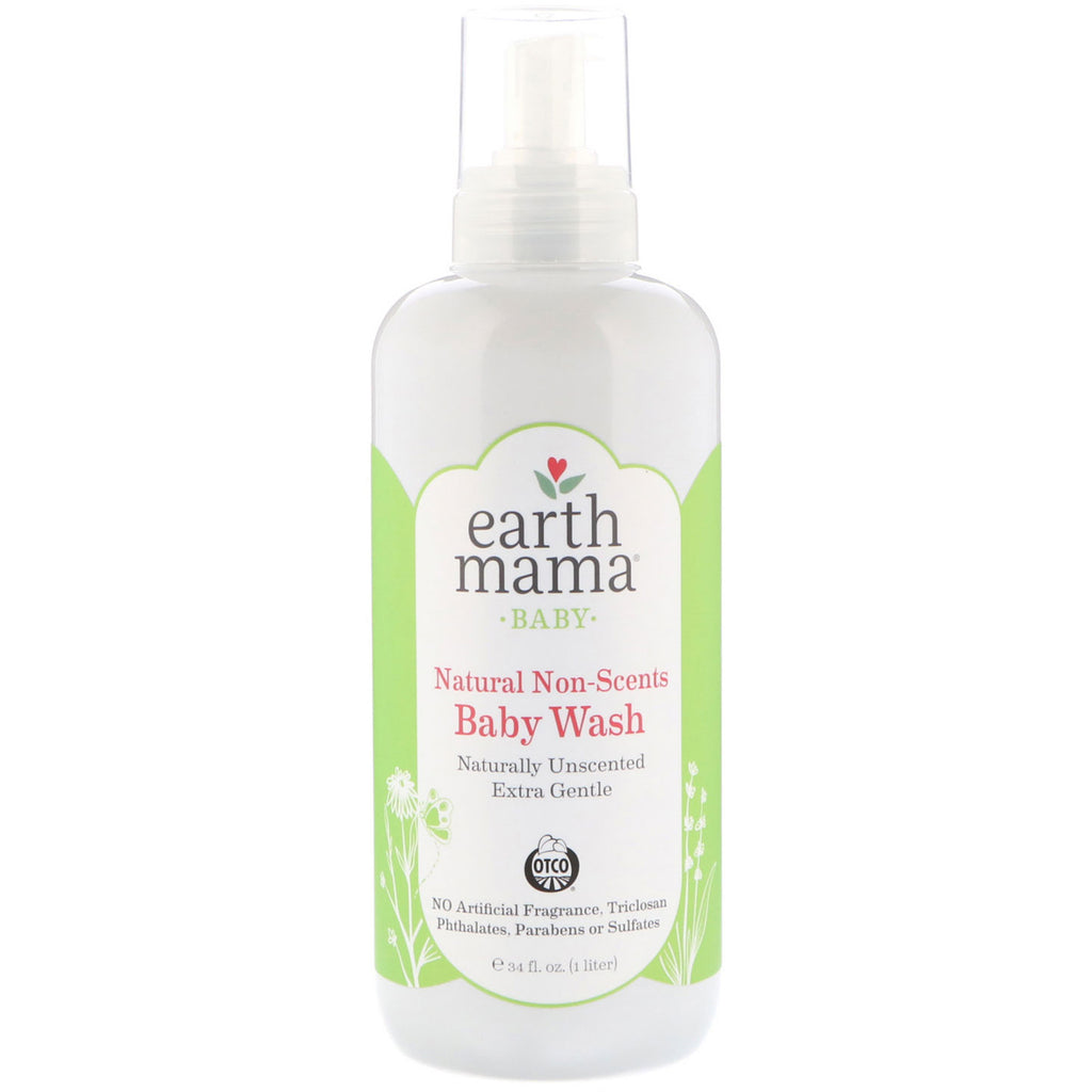 Earth Mama, Baby, Natural Non-Scents Baby Wash, Unscented, 34 fl oz (1 L)