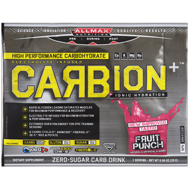ALLMAX Nutrition, CARBion+, Maximum Strength Electrolyte + Hydration Energy Drink, Fruit Punch, Trial Size, 0.99 oz (28 g)