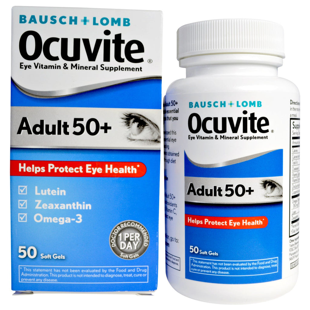 Bausch &amp; Lomb, Ocuvite, Adulte 50 +, Supplément de vitamines et minéraux pour les yeux, 50 gels mous