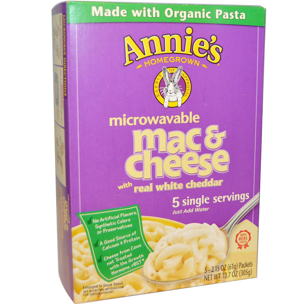 Annie's Homegrown Mac & Cheese ไมโครเวฟพร้อมเชดด้าสีขาวจริง 5 ซอง 2.15 ออนซ์ (61 กรัม) ต่อชิ้น
