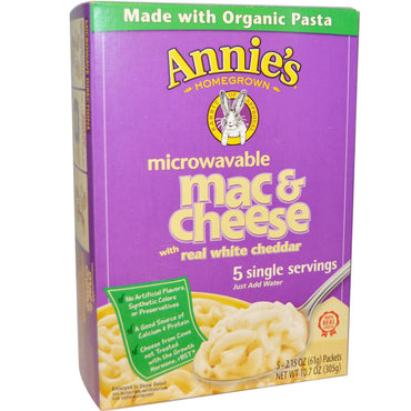 Annie's Homegrown mikrowellengeeigneter Mac & Cheese mit echtem weißem Cheddar, 5 Päckchen à 2,15 oz (61 g).