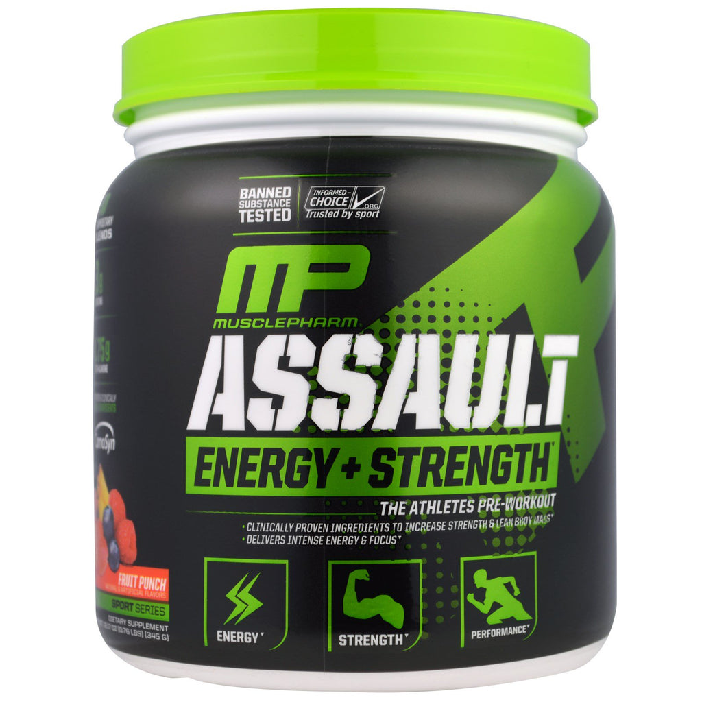 MusclePharm, Assault, Energie + kracht, Pre-workout, Fruitpunch, 12.17 oz (345 g)
