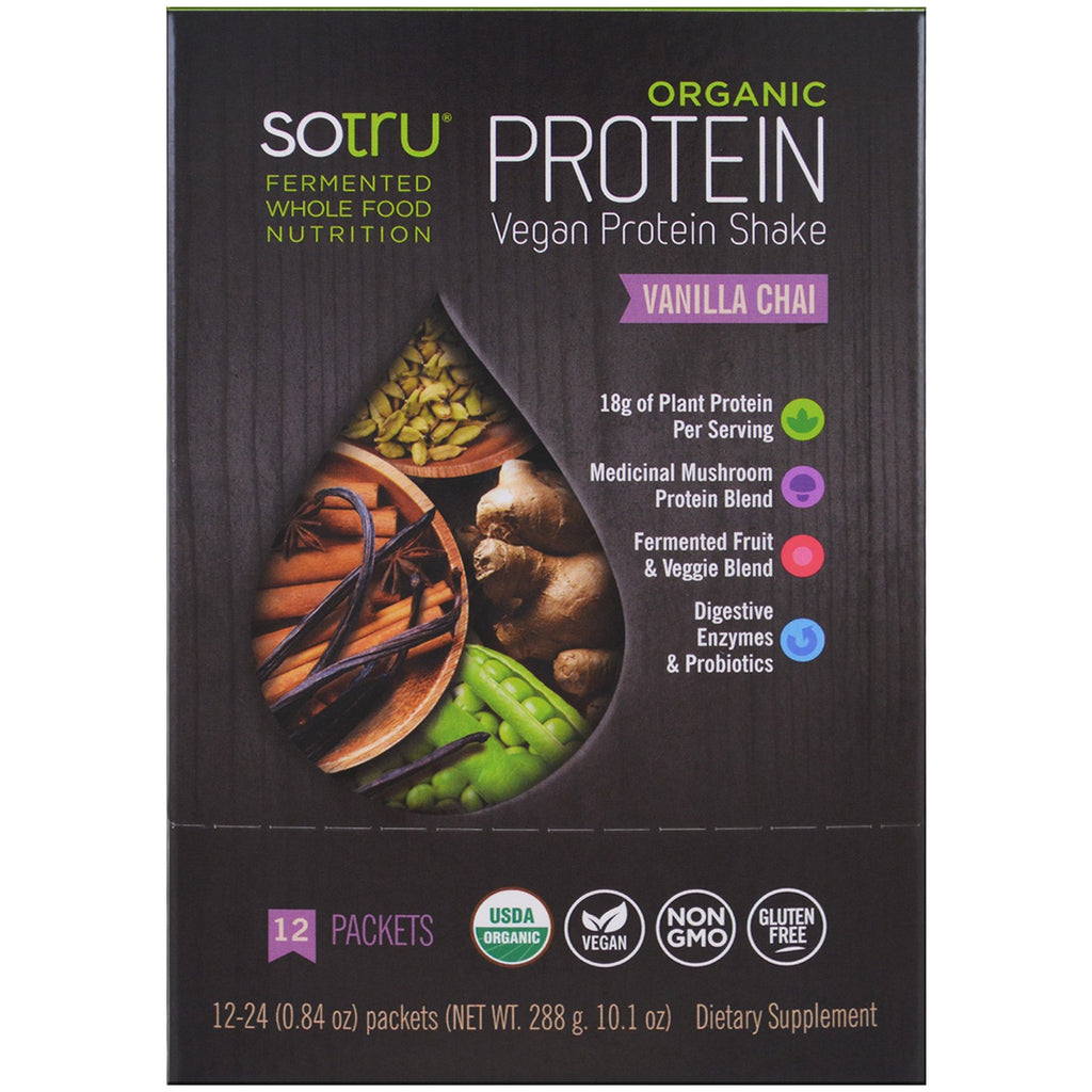 SoTru, , שייק חלבון טבעוני, וניל צ'אי, 12 חבילות, 0.84 אונקיות (24 גרם) כל אחת