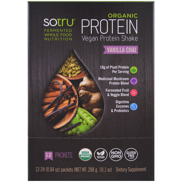 SoTru, batido de proteínas vegano, vainilla chai, 12 paquetes, 0,84 oz (24 g) cada uno