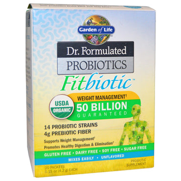 Garden of Life, Dr. Formulated Probiotics Fitbiotic, geschmacksneutral, 20 Päckchen, je 0,15 oz (4,2 g).