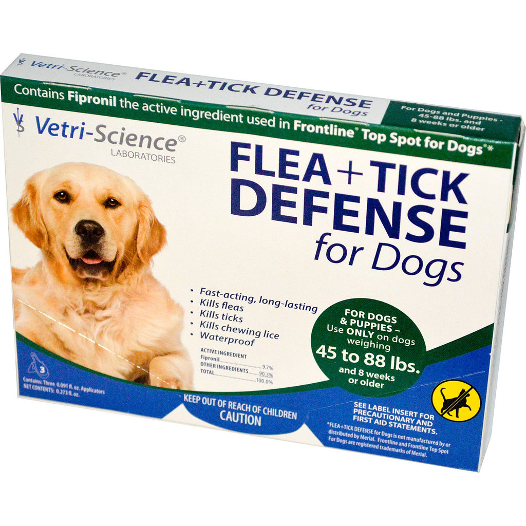 Vetri-Science, Flea + Tick Defense for Dogs 45-88 lbs., 3 applikatorer, 0,091 fl oz hver