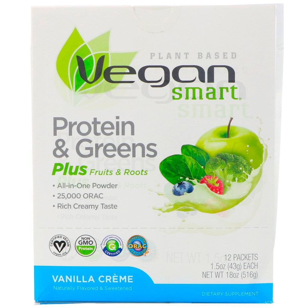 VeganSmart, Protein & Greens All-In-One Powder, Vanilla Creme, 12 Packets, 1.5 oz (43 g) Each