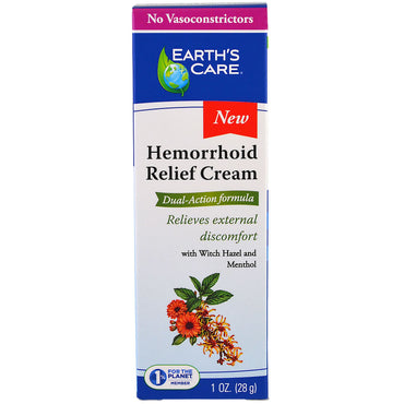 Earth's Care, Hemorrhoid Relief Cream med troldnød og mentol, 1 oz (28 g)