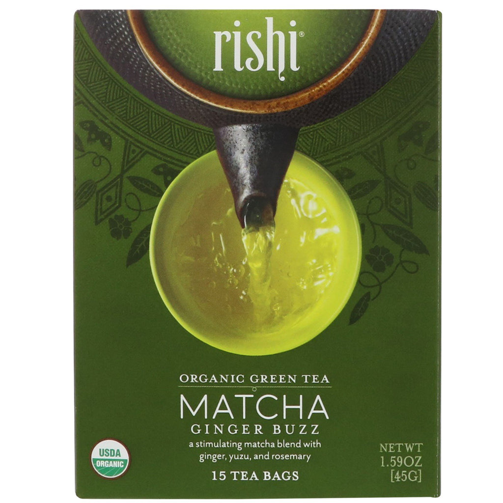 Ceai Rishi, ceai verde, Matcha Ginger Buzz, 15 pliculete de ceai, 1,59 oz (45 g)