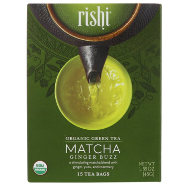 תה רישי, תה ירוק, Matcha Ginger Buzz, 15 שקיות תה, 1.59 אונקיות (45 גרם)