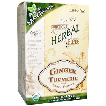 Mate Factor,  Functional Herbal Blends, Ginger Turmeric with Black Pepper, 20 Tea Bags, (3.5 g) Each