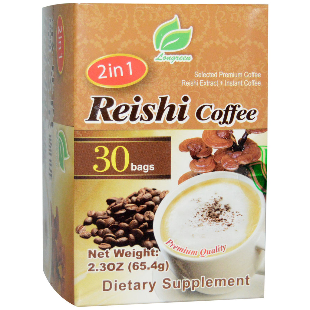 Longreen Corporation, 2 i 1 Reishi Coffee, Reishi Mushroom & Coffee, 30 påsar, 2,3 oz (65,4 g) styck