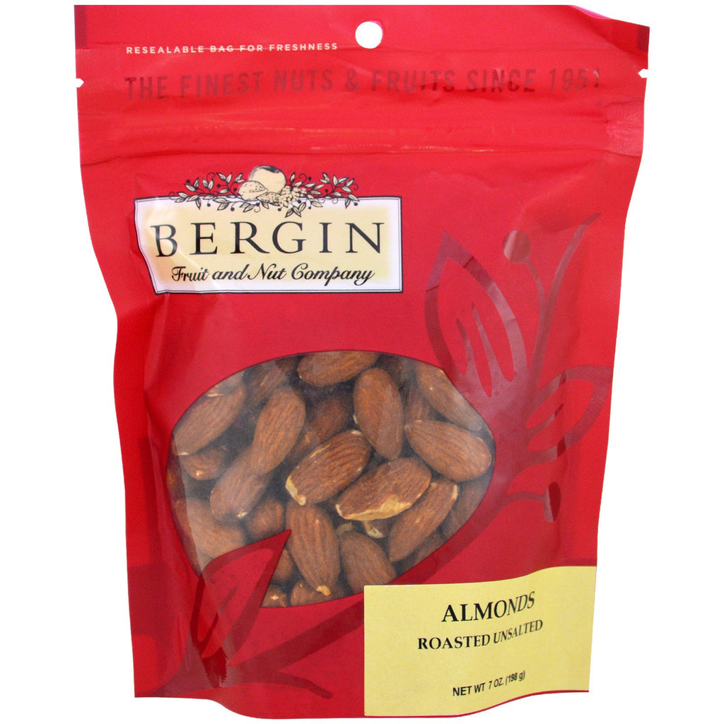 บริษัท Bergin Fruit and Nut, อัลมอนด์คั่ว, ไม่ใส่เกลือ, 7 ออนซ์ (198 กรัม)
