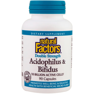 Natural Factors, Acidophilus &amp; Bifidus, doble potencia, 10 mil millones de células activas, 90 cápsulas