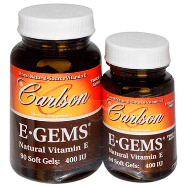 Carlson labs, e-gems, natuurlijke vitamine e, 400 IE, 2 flessen, 90 softgels + 44 zachte gels