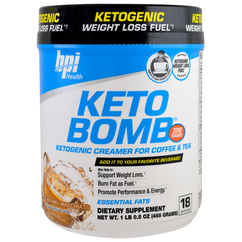 BPI Sports, Keto Bomb, Ketogen Creamer For Kaffe og Te, Carmel Macchiato, 1 lb 0,5 oz (468 g)