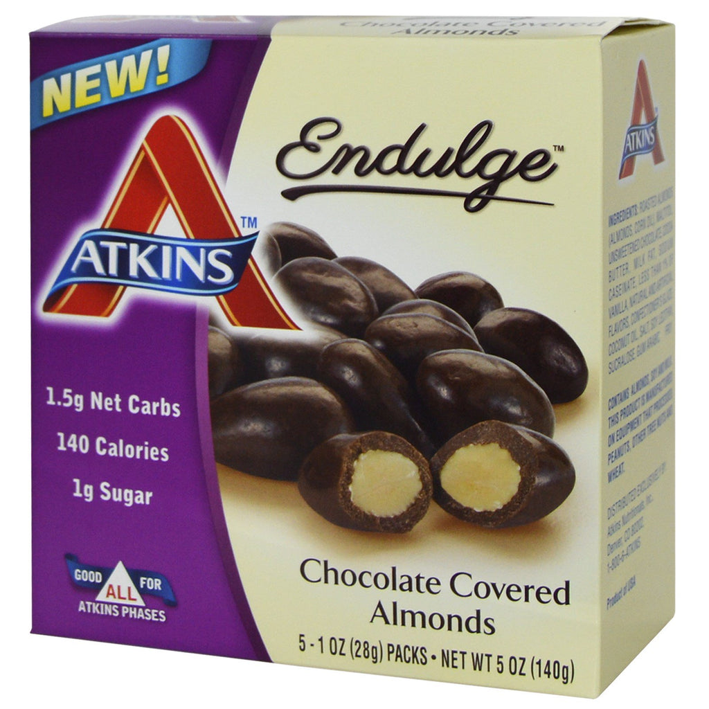 Atkins, Endulge, chokladtäckta mandlar, 5 förpackningar, 1 oz (28 g) vardera