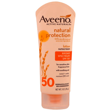 Aveeno, Natural Protection, 자외선 차단제 로션 SPF 50, 민감한 피부용, 무향, 85g(3oz)