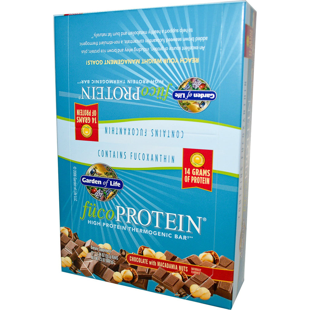 Garden of Life, FucoProtein, baton termogen cu conținut ridicat de proteine, ciocolată cu nuci de macadamia, 12 batoane, 1,94 oz (55 g) fiecare