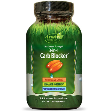 Irwin naturals, bloqueador de carbohidratos 3 en 1, potencia máxima, 75 cápsulas blandas líquidas