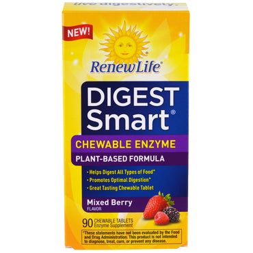 Renew life, digest smart, enzima masticable, mezcla de frutos rojos, 90 comprimidos masticables
