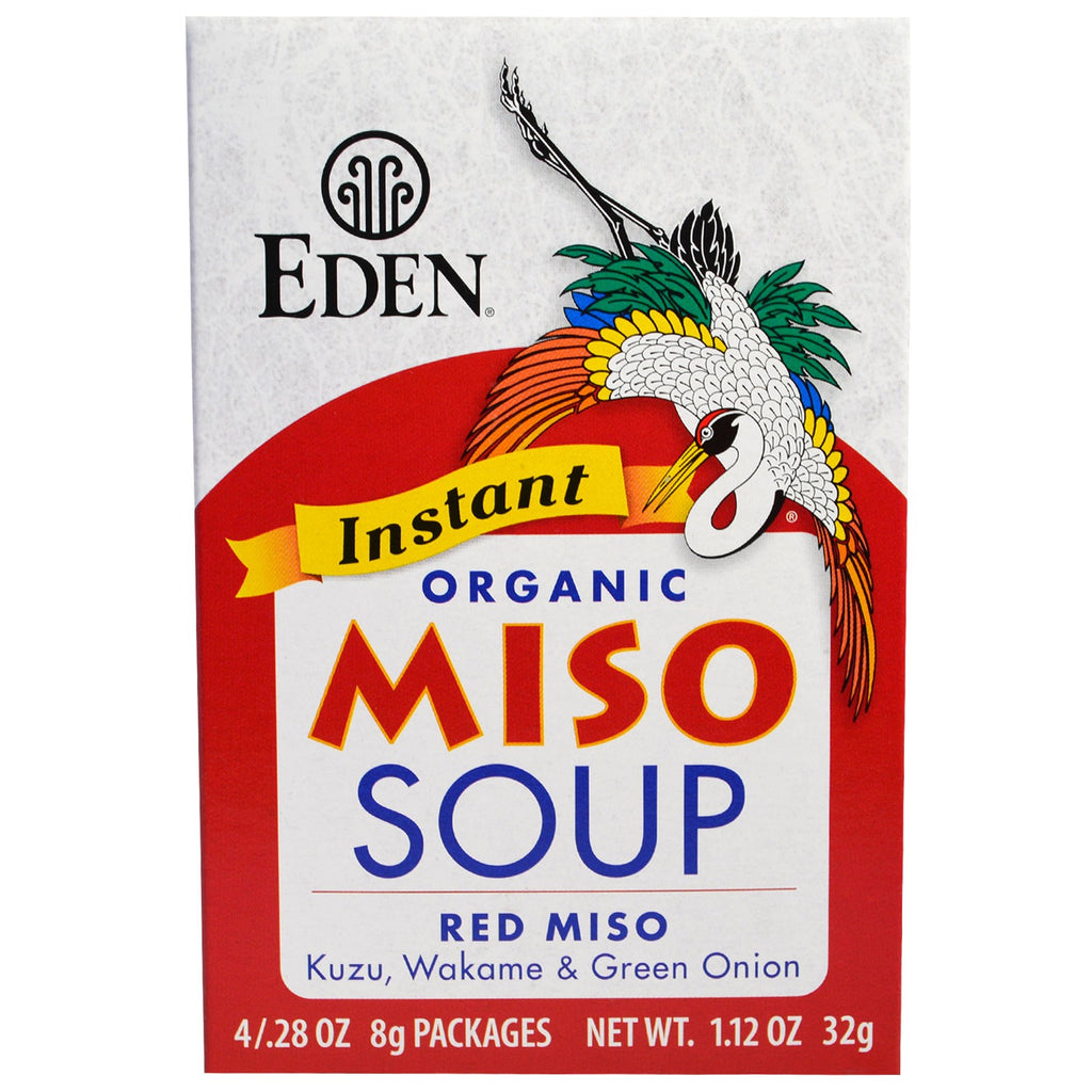 Eden Foods, ซุปมิโซะสำเร็จรูป, มิโซะแดง, คุสุ, วากาเมะ และหัวหอมสีเขียว, 4 แพ็คเกจ, .28 ออนซ์ (8 กรัม) ต่อชิ้น