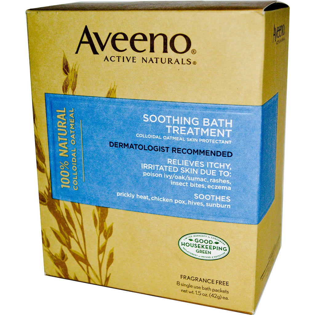 Aveeno, Active Naturals, 진정 목욕 트리트먼트, 무향, 일회용 목욕 패킷 8개, 각 1.5oz(42g).