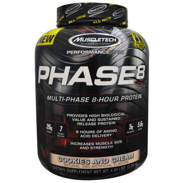 Muscletech, Performance Series, Phase8, proteína multifásica de 8 horas, galletas y crema, 4,60 lb (2,09 kg)