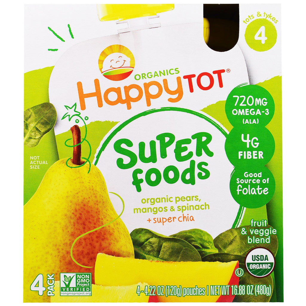 Nurture Inc. (Happy Baby) HappyTot Super Foods Birnen Mango & Spinat + Super Chia Stufe 4 4er-Pack je 4,22 oz (120 g).