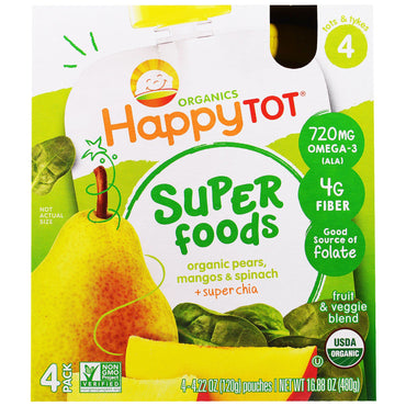 Nurture Inc. (Happy Baby) HappyTot Super Foods Poires Mangue &amp; Épinards + Super Chia Stage 4 Paquet de 4 4,22 oz (120 g) chacun