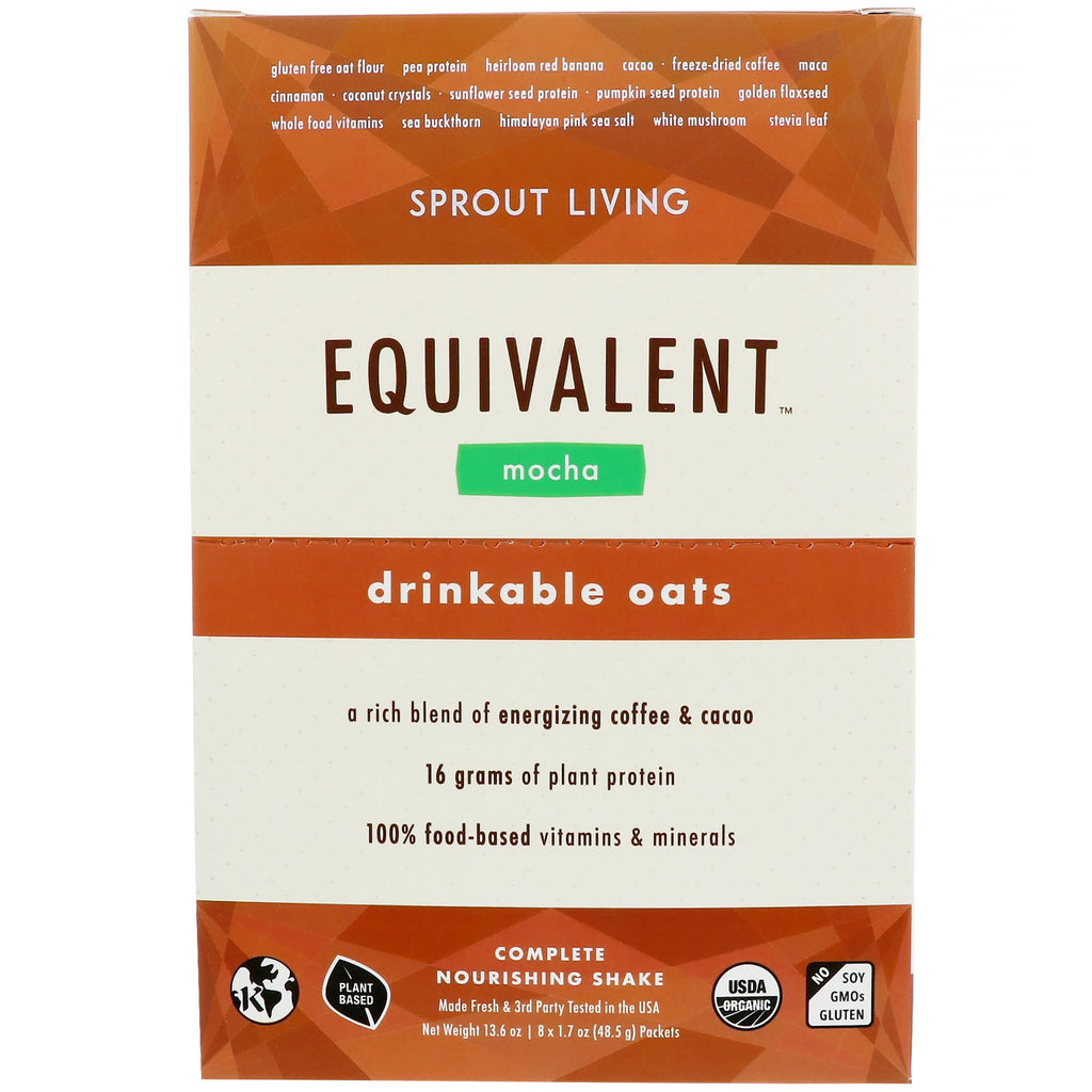 Sprout Living, Equivalente, Aveia Bebível, Mocha, 8 Pacotes, 48,5 g (1,7 oz) Cada