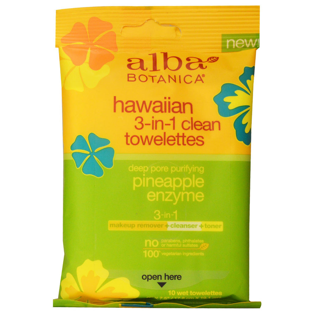 Alba Botanica, Hawajskie chusteczki higieniczne 3 w 1, Enzym ananasowy, 10 mokrych chusteczek