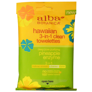 Alba Botanica, Hawaiian 3-in-1 Clean Towelettes, Pineapple Enzyme, 10 Wet Towelettes