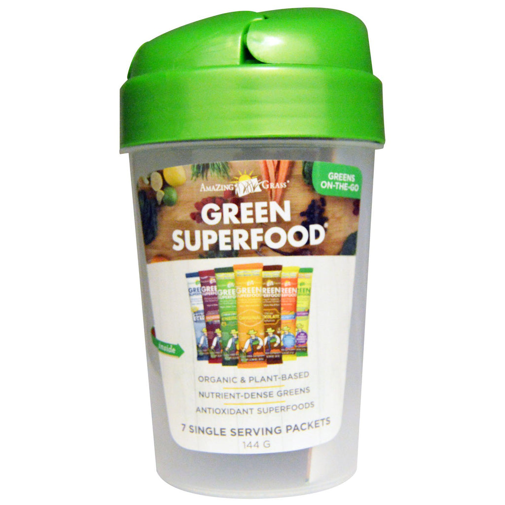 Amazing Grass, Green Superfood Shaker Cup i 7 smaków Green Superfood, 1 - 20 uncji kubka, 7 opakowań (7 g) każde