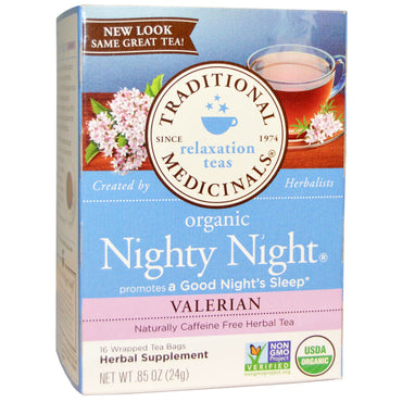 תרופות מסורתיות, תה מרגיע, לילה לילי, תה צמחים ללא קפאין באופן טבעי, ולריאן, 16 שקיקי תה עטופים, 0.85 אונקיות (24 גרם)