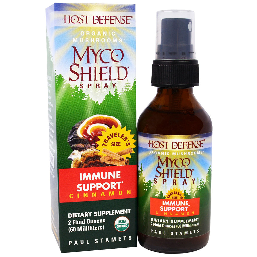 Fungi Perfecti, Host Defense, Spray Myco Shield, Scorțișoară pentru sprijinul imunitar, 2 fl oz (60 ml)