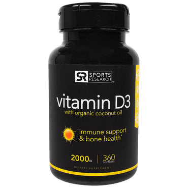 Sportsforskning, vitamin D3 med økologisk kokosolie, 2000 iu, 360 softgels