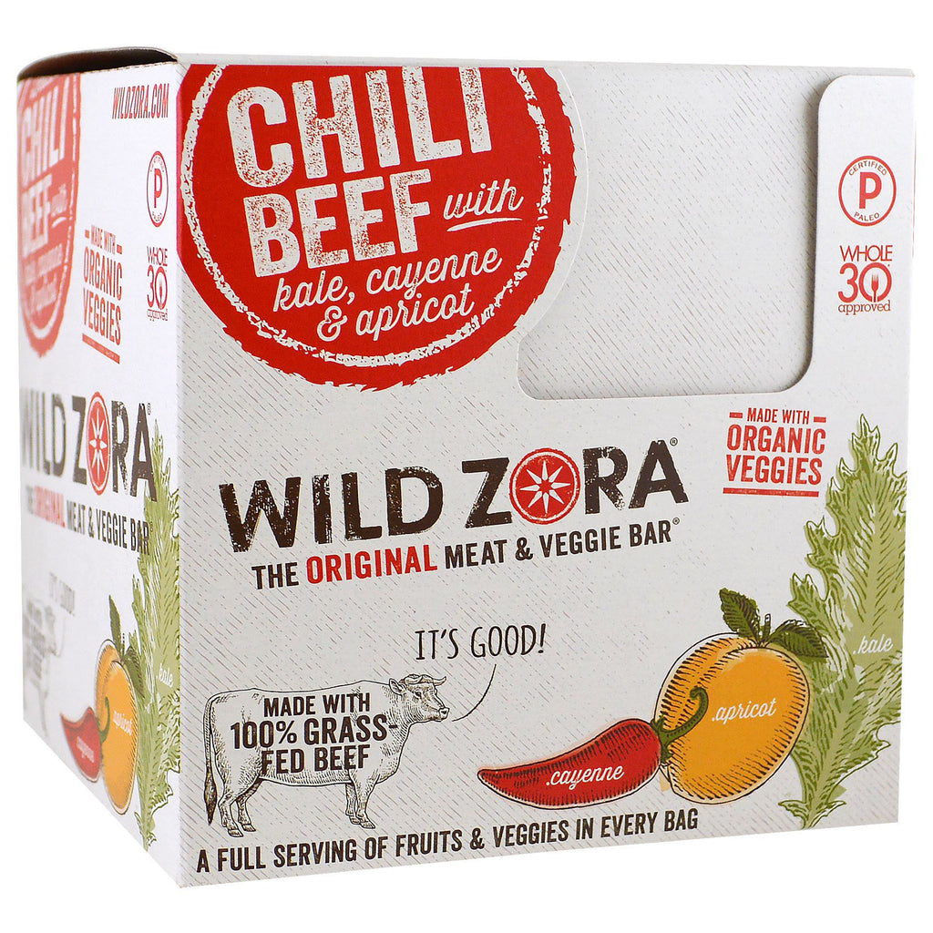 Wild Zora Foods LLC, vlees- en groentereep, chili rundvlees met boerenkool, cayennepeper en abrikoos, 10 pakjes, elk 31 g