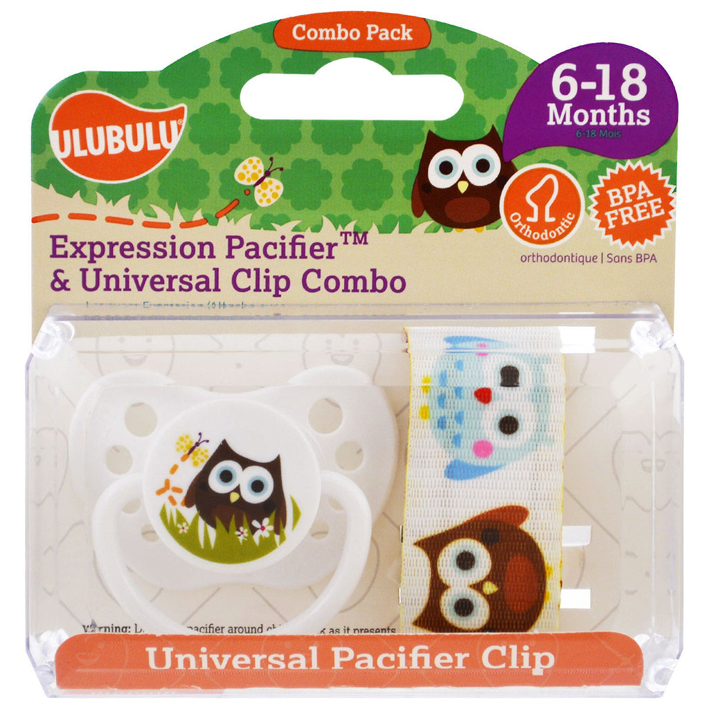 Ulubulu, combo de chupetes Expression y clip universal, búho, 6-18 meses, 2 piezas