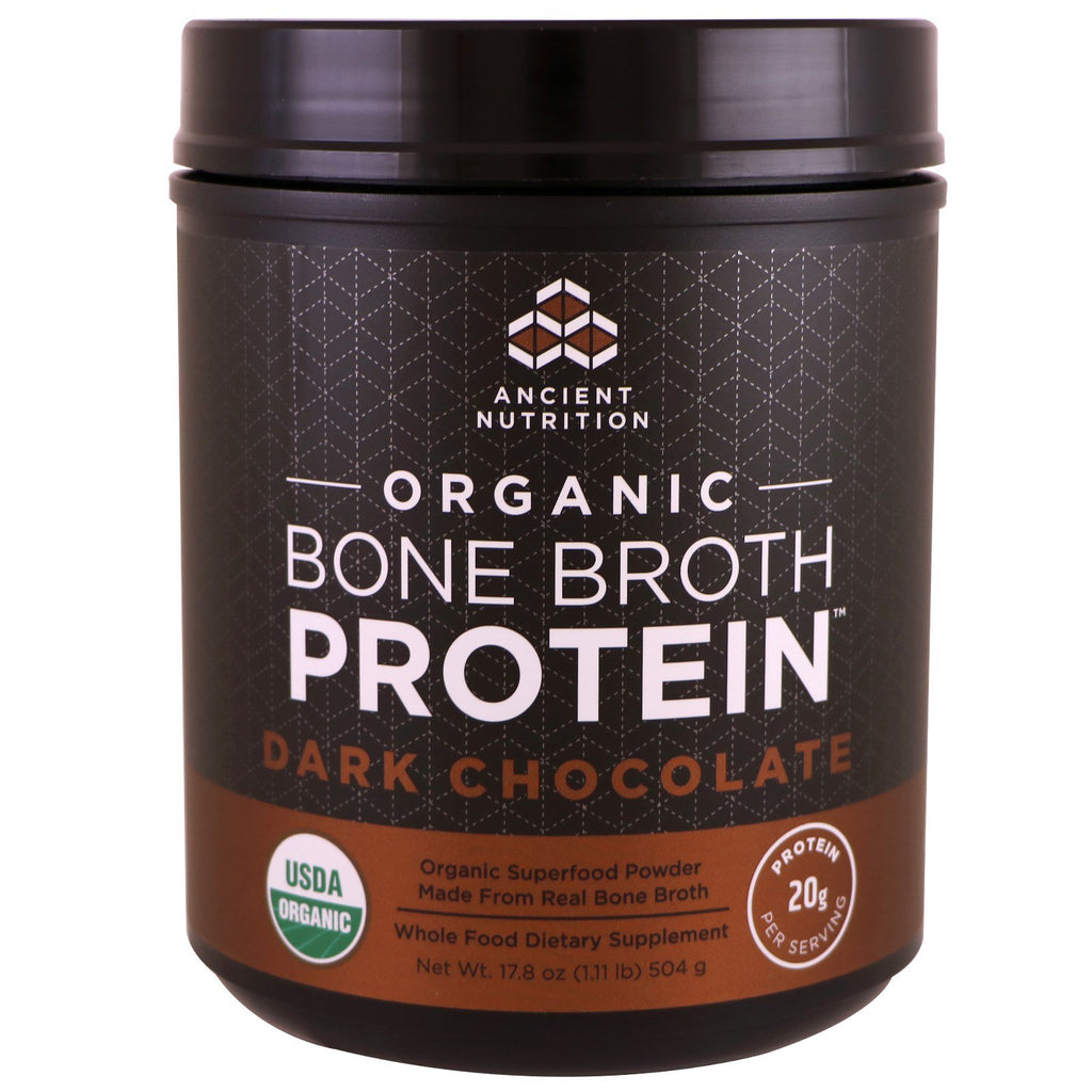 Dr. Axe / Ancient Nutrition, Bone Bouillon Protein, Mørk Chokolade, 17,8 oz (504 g)
