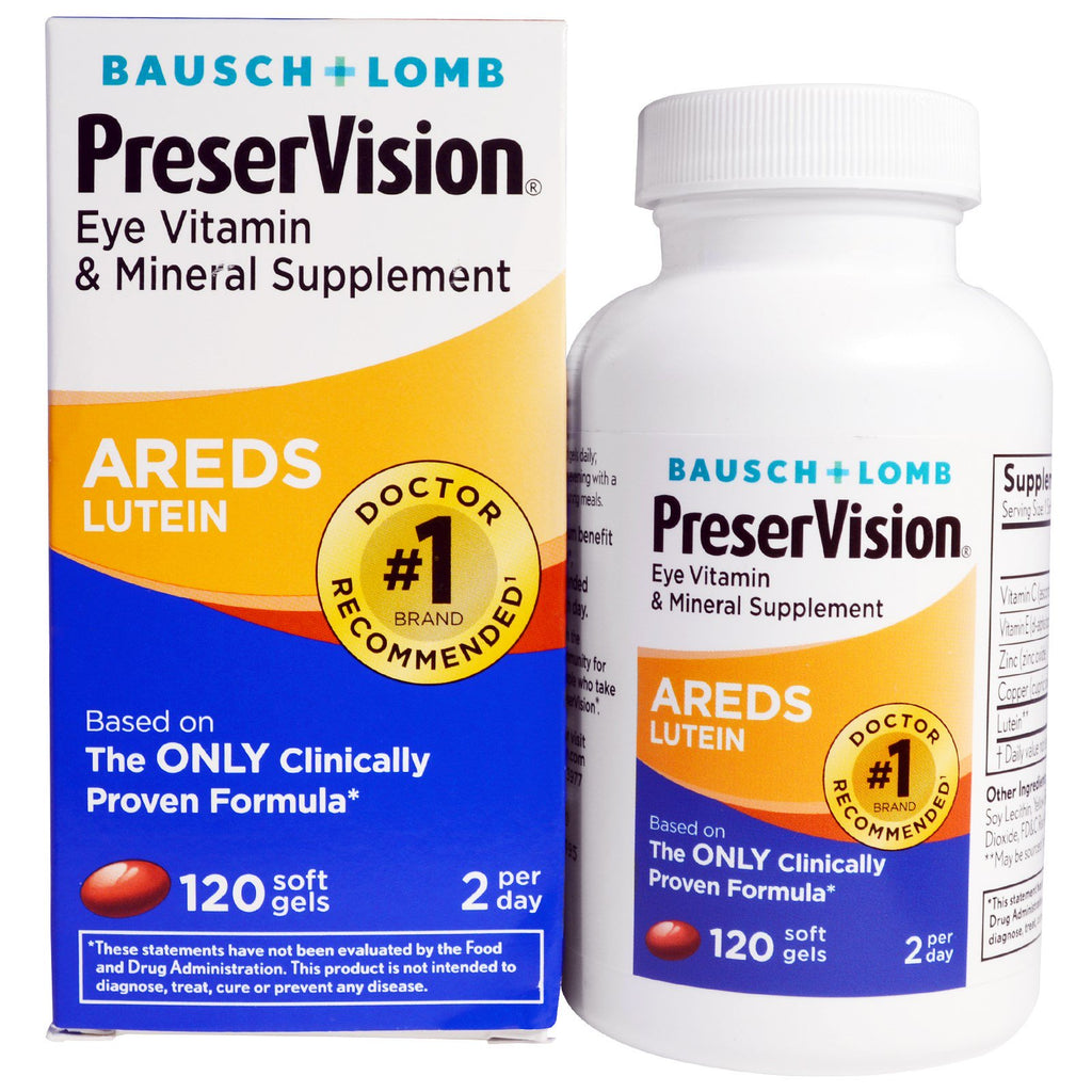 Bausch &amp; Lomb, PreserVision, AREDS Lutéine, Supplément de vitamines et minéraux pour les yeux, 120 gels mous