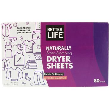 Better Life, Naturally Static-Stomping Dryer Sheets, Lavender Grapefruit, 80 Sheets