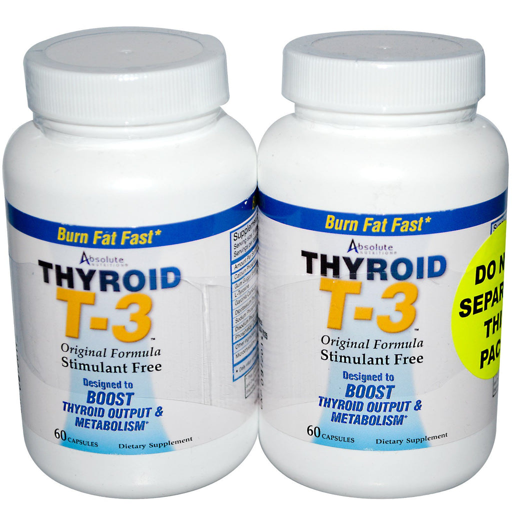 Absolute Nutrition, Tiroides T-3, fórmula original, 2 frascos, 60 cápsulas cada uno