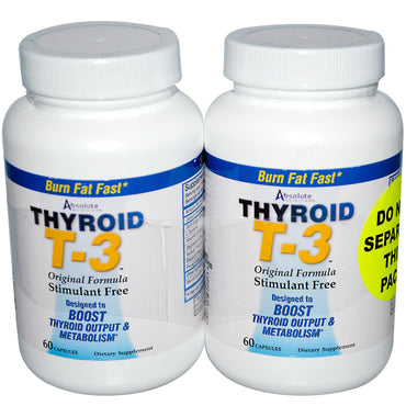 Absolutt ernæring, thyroid t-3, original formel, 2 flasker, 60 kapsler hver