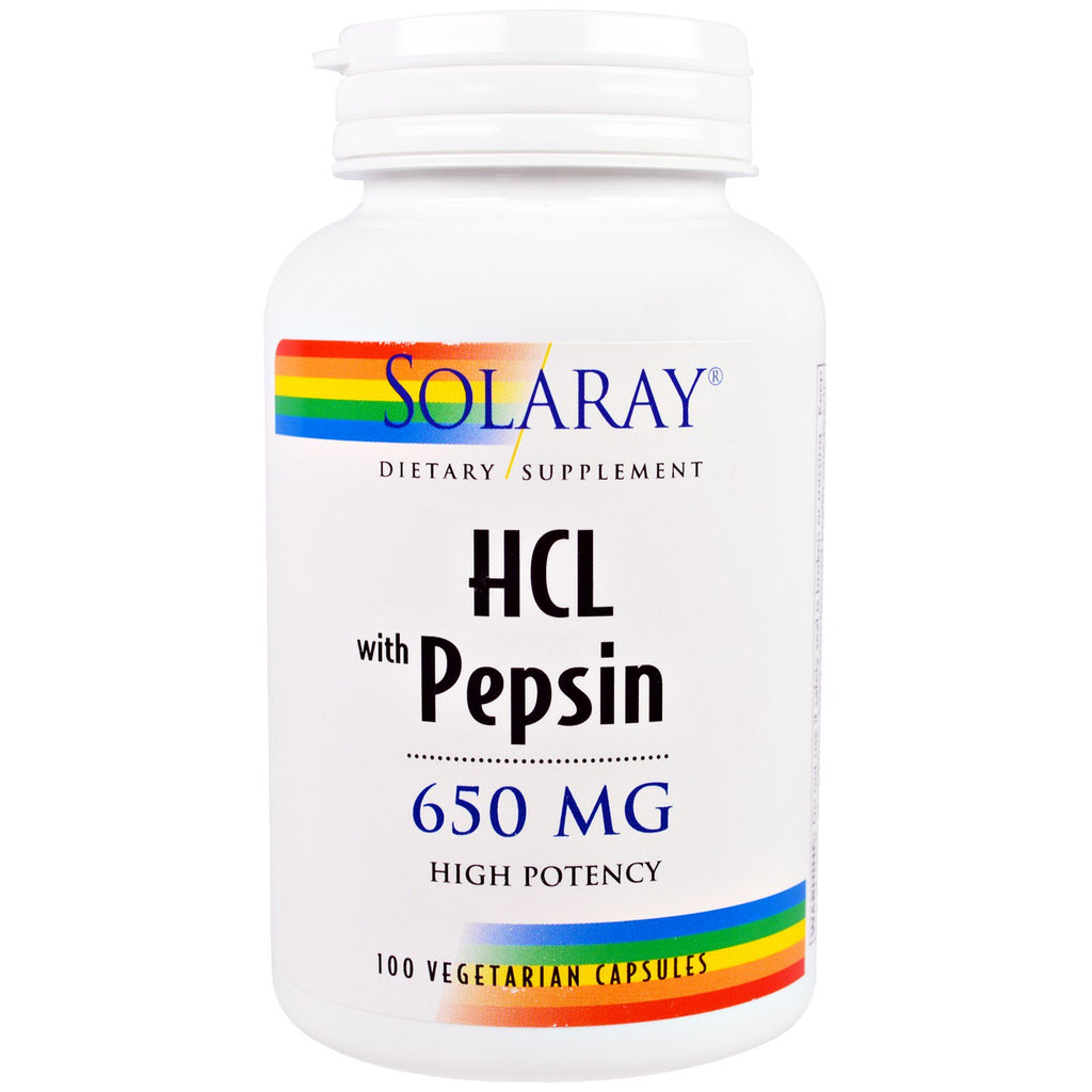 Solaray, HCL med pepsin, 650 mg, 100 vegetariska kapslar