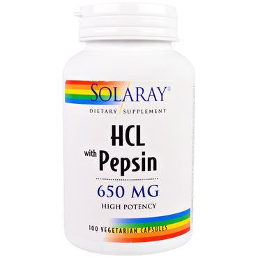 Solaray, HCL med Pepsin, 650 mg, 100 vegetariske kapsler