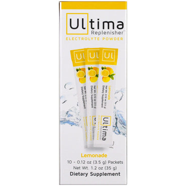 Ultima Health Products, مسحوق إلكتروليت Ultima Replenisher، عصير الليمون، 10 عبوات، 0.12 أونصة (3.5 جم) لكل واحدة