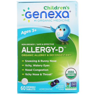 Genexa, Allergy-D til børn, Allergi & Dekongestant, Acai Berry Flavor, 60 tyggetabletter