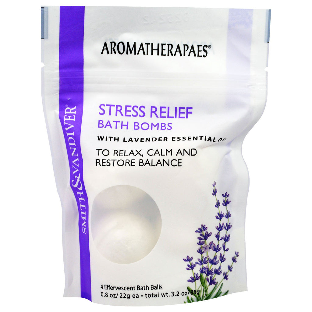 Smith & Vandiver, Stress Relief Bath Bombs with Lavender Essential, 4 Effervescent Bath Balls, 0.8 oz (22 g) Each